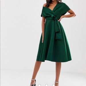 NEW WITH TAGS - ASOS fallen shoulder midi dress with tie detail in green